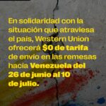 Western Union adota tarifa US$0 para envios de dinheiro à Venezuela.