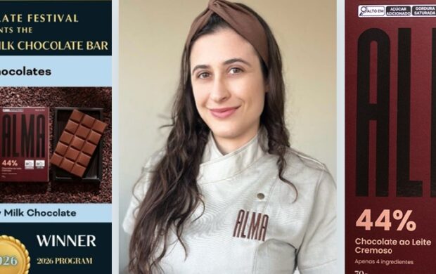 Francine Corrado, engenheira de alimentos e proprietária da ALMA Chocolates, celebra a medalha de prata na categoria chocolate ao leite do Chocolate Alliance Awards.